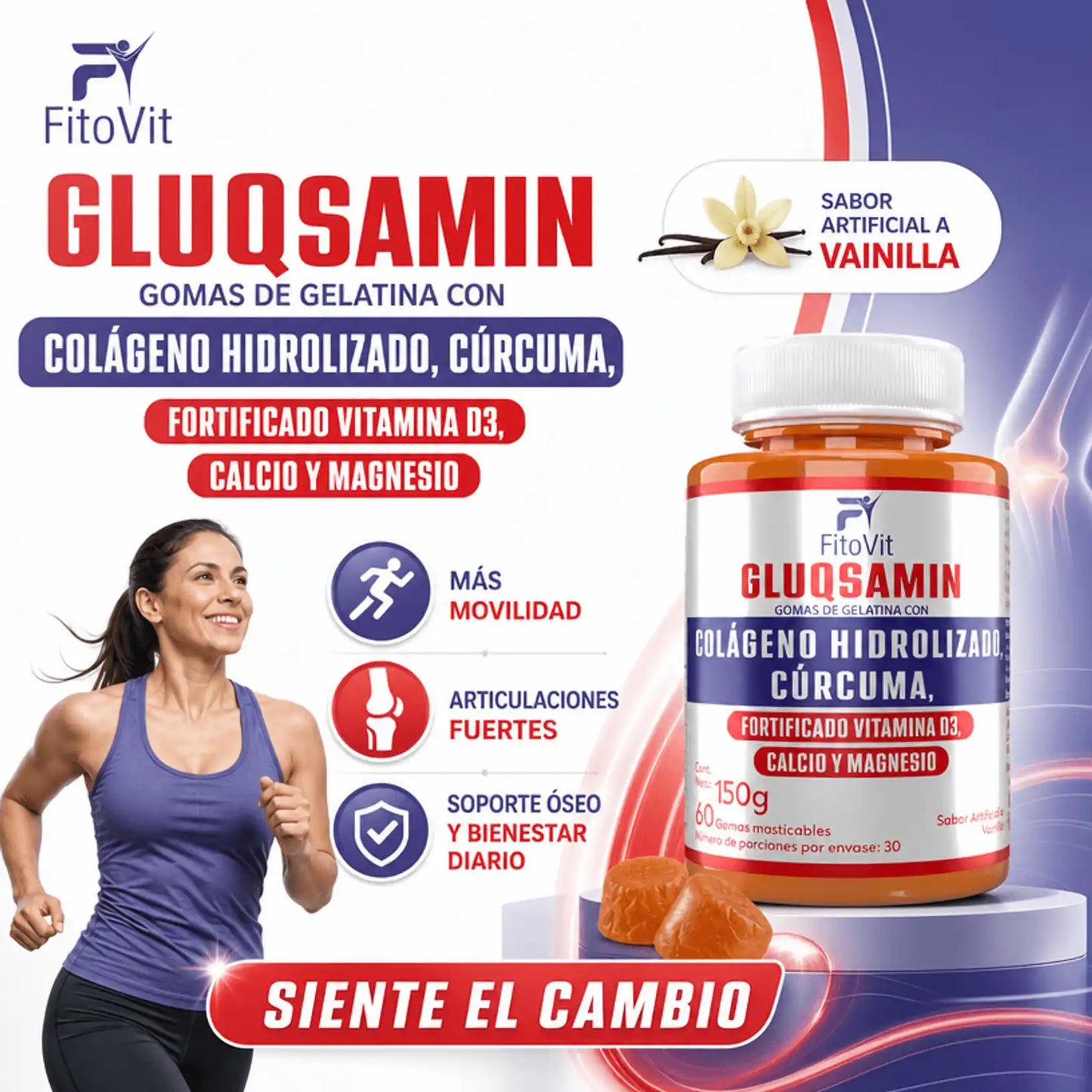 🏃‍♂️GLUQSAMIN + COLAGENO HIDROLIZADO + CÚRCUMA FITOVIT x60 GOMAS🦴