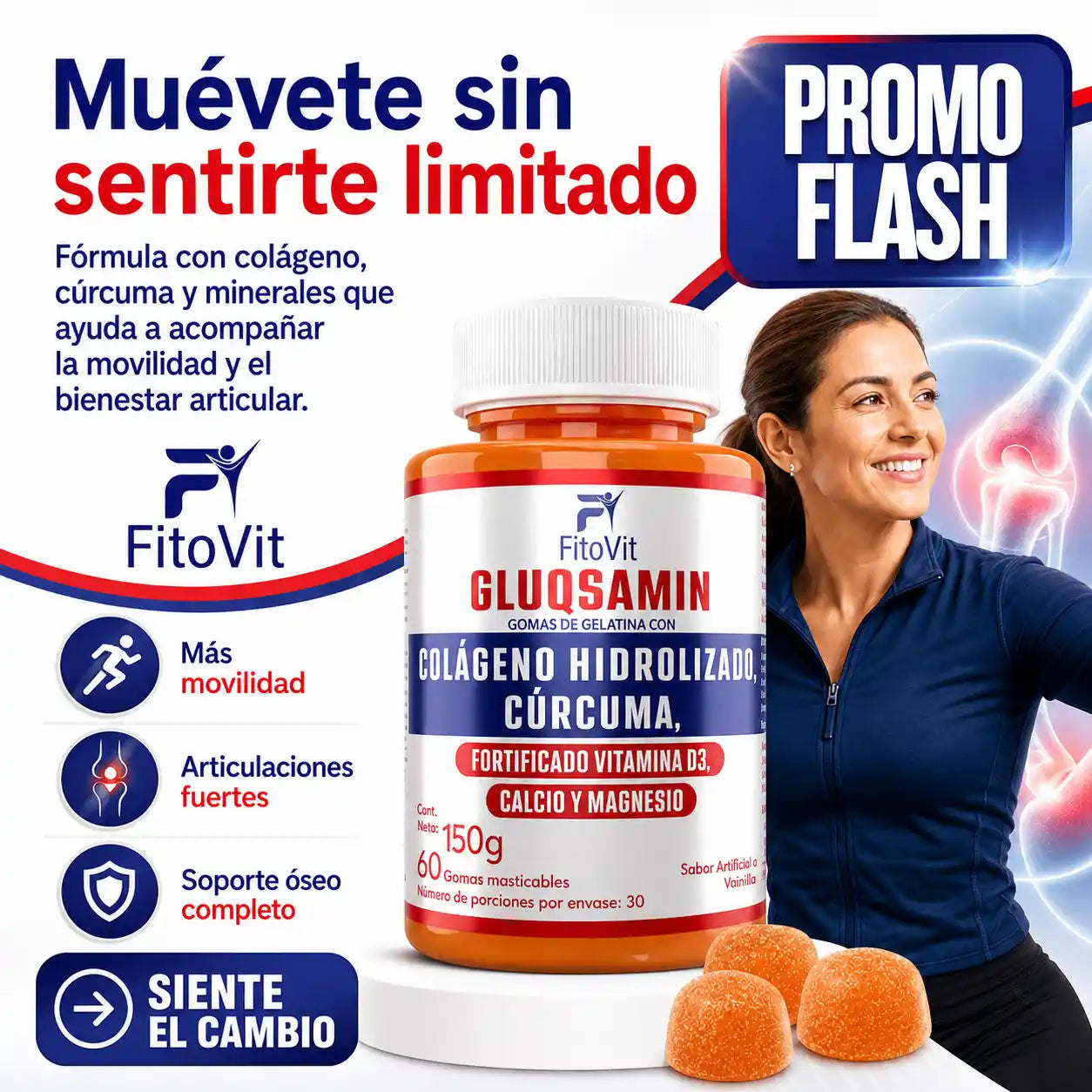 🏃‍♂️GLUQSAMIN + COLAGENO HIDROLIZADO + CÚRCUMA FITOVIT x60 GOMAS🦴