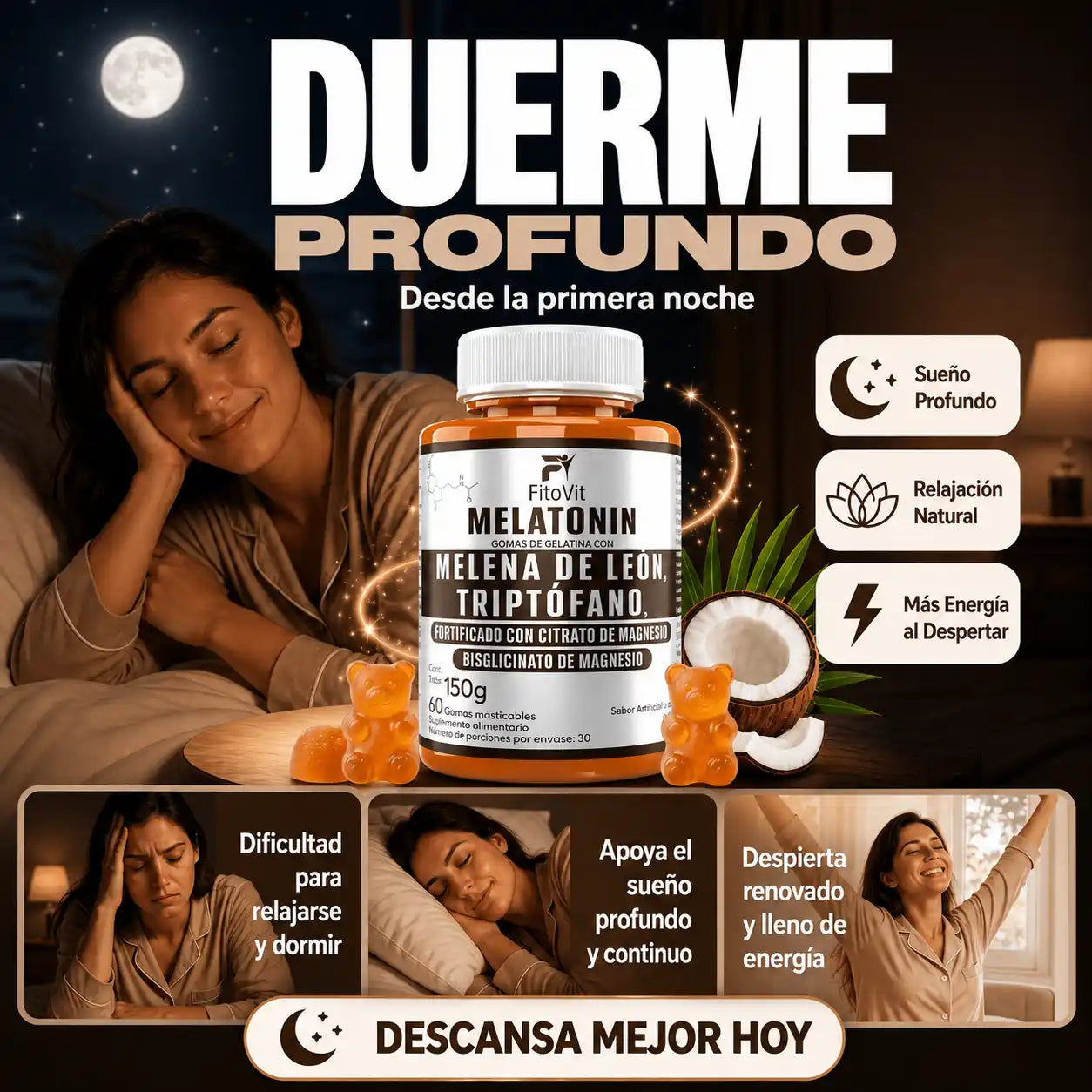 🧠MELATONINA + MELENA DE LEON + TRIPTOFANO GOMITAS FITOVIT X60😴