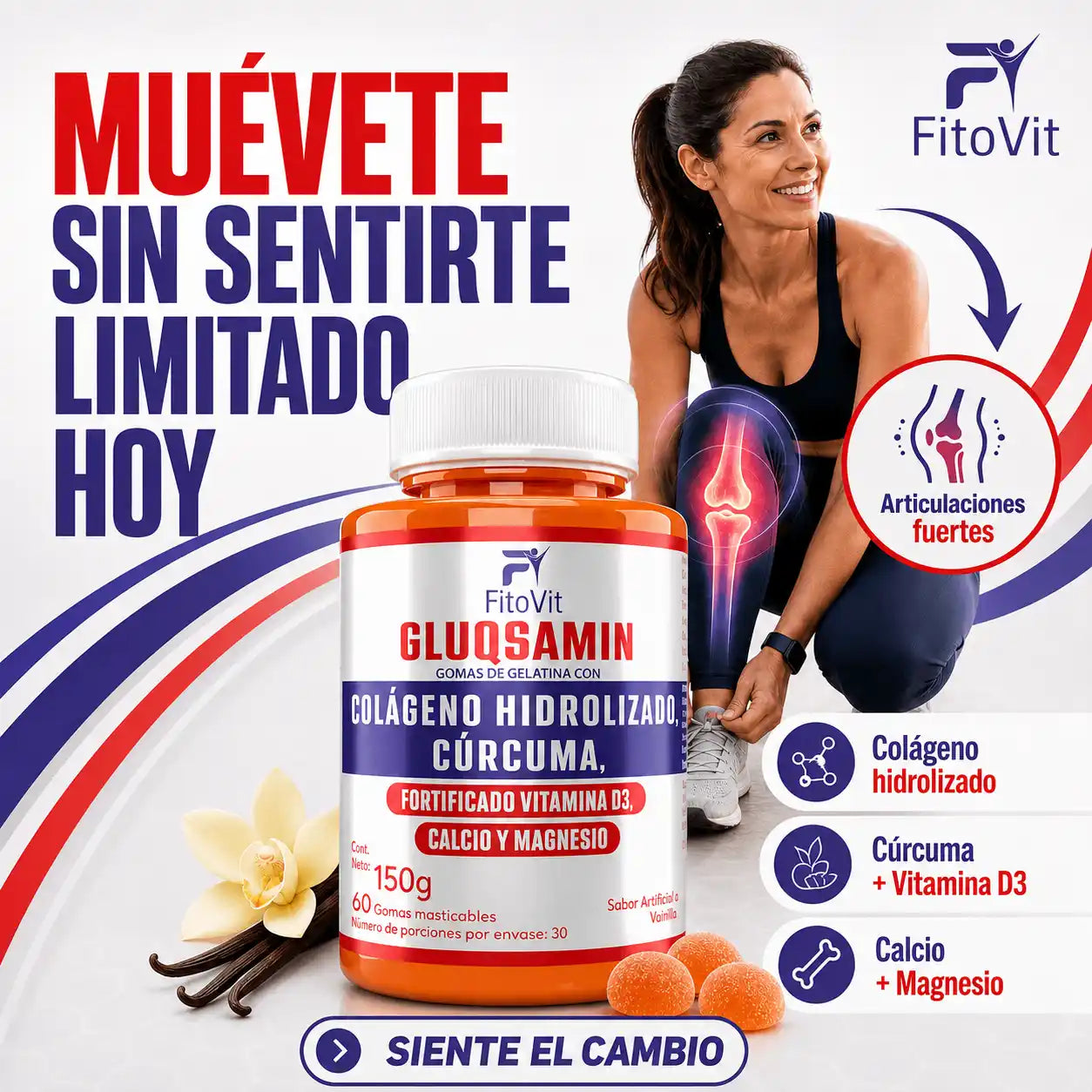 🏃‍♂️GLUQSAMIN + COLAGENO HIDROLIZADO + CÚRCUMA FITOVIT x60 GOMAS🦴