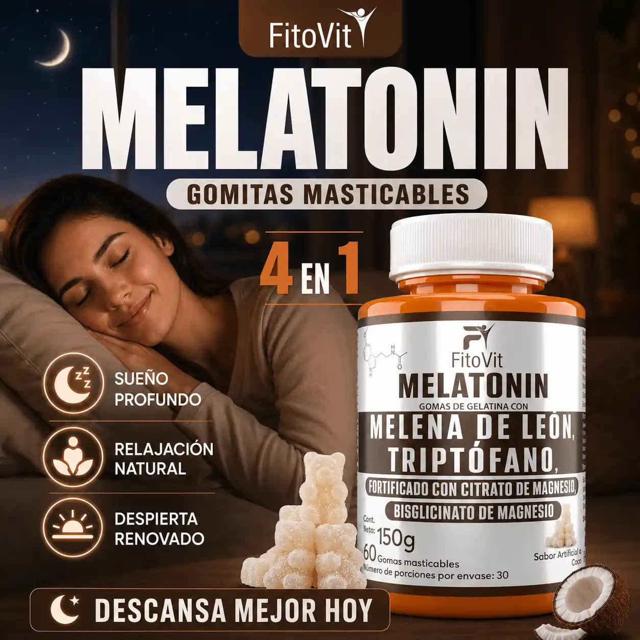 🧠MELATONINA + MELENA DE LEON + TRIPTOFANO GOMITAS FITOVIT X60😴