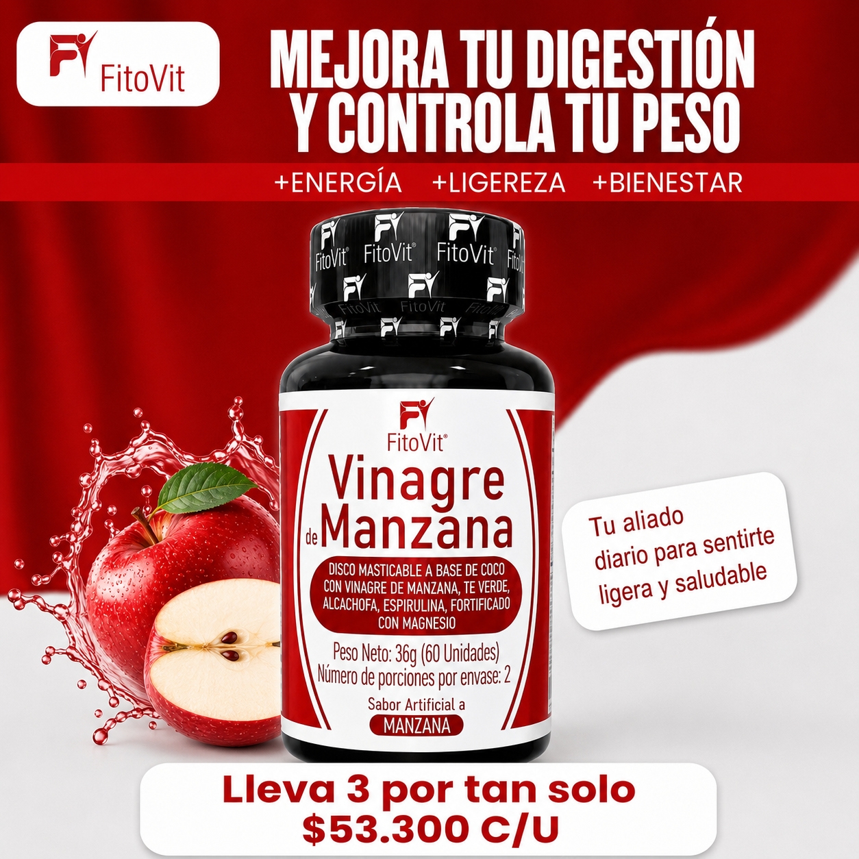 🍎Vinagre de Manzana - 60 Discos🌿
