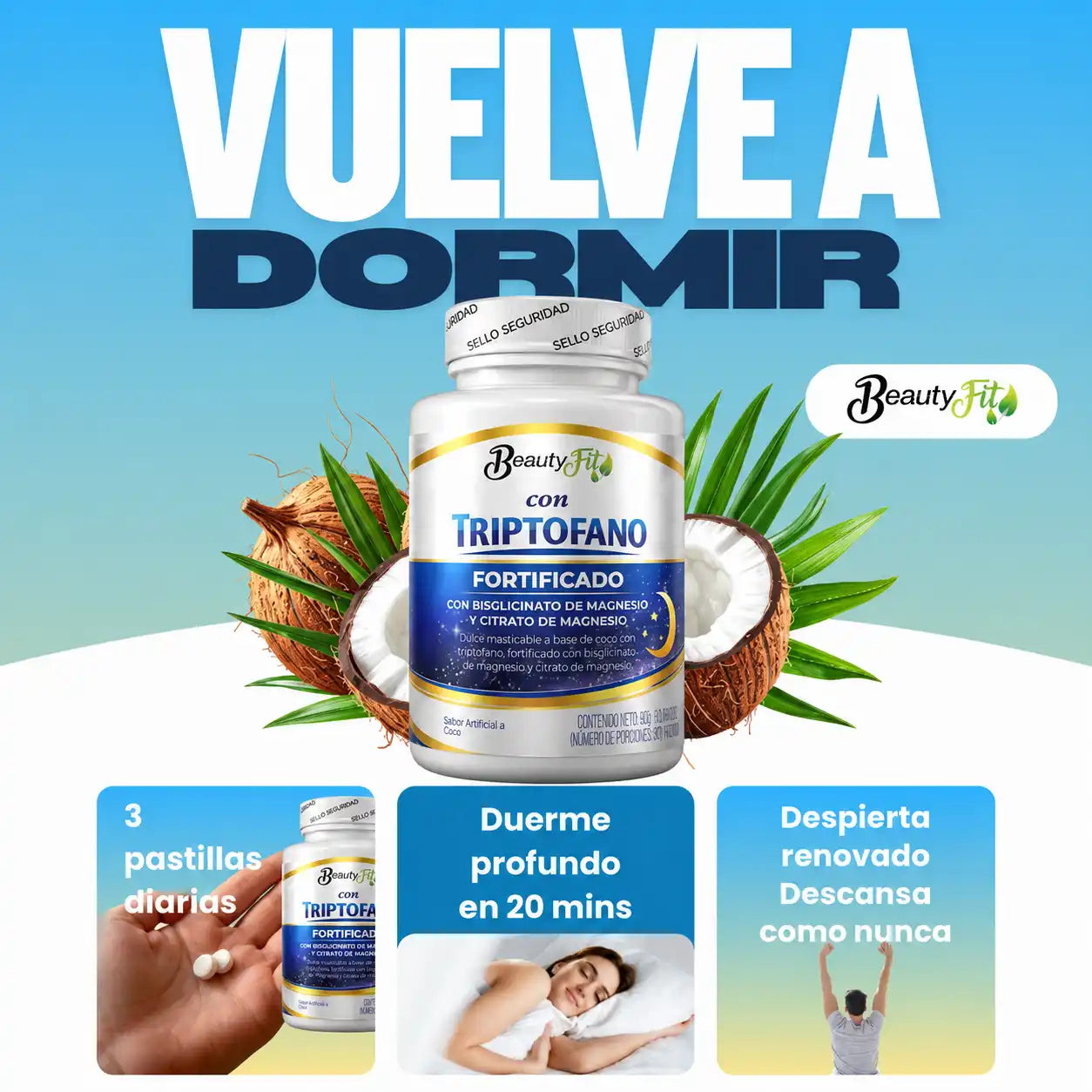 🥥TRIPTOFANO + MAGNESIO BEAUTYFIT X100UND PASTILLAS MASTICABLES🌙