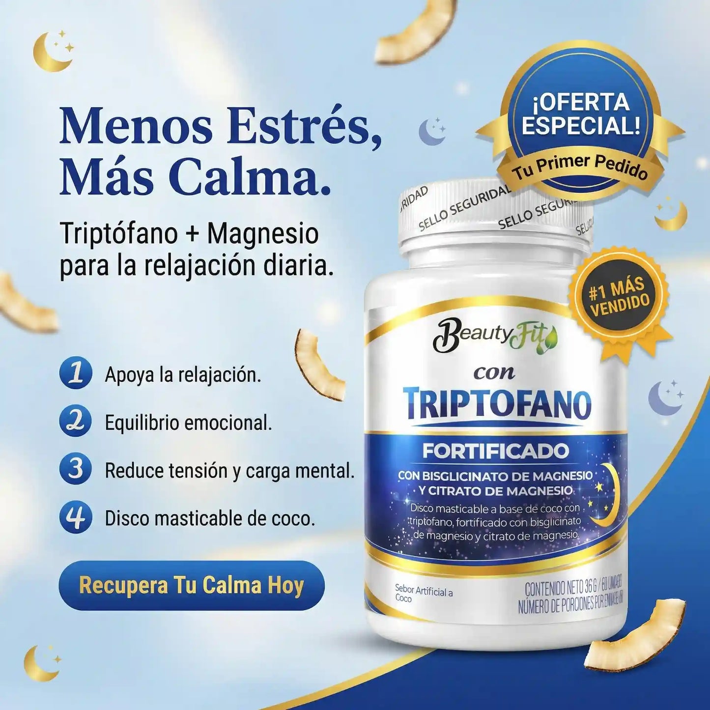 🥥TRIPTOFANO + MAGNESIO BEAUTYFIT X100UND PASTILLAS MASTICABLES🌙
