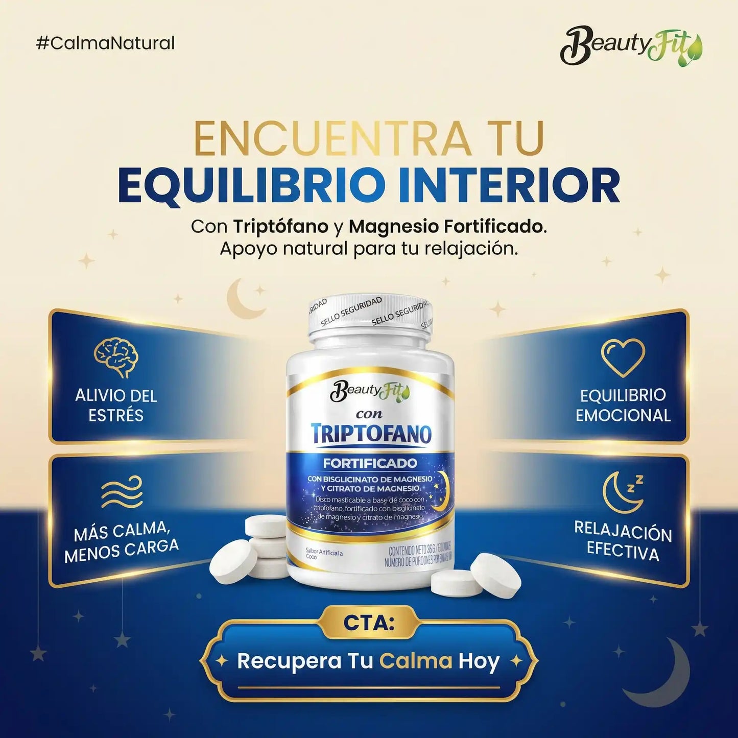 🥥TRIPTOFANO + MAGNESIO BEAUTYFIT X100UND PASTILLAS MASTICABLES🌙