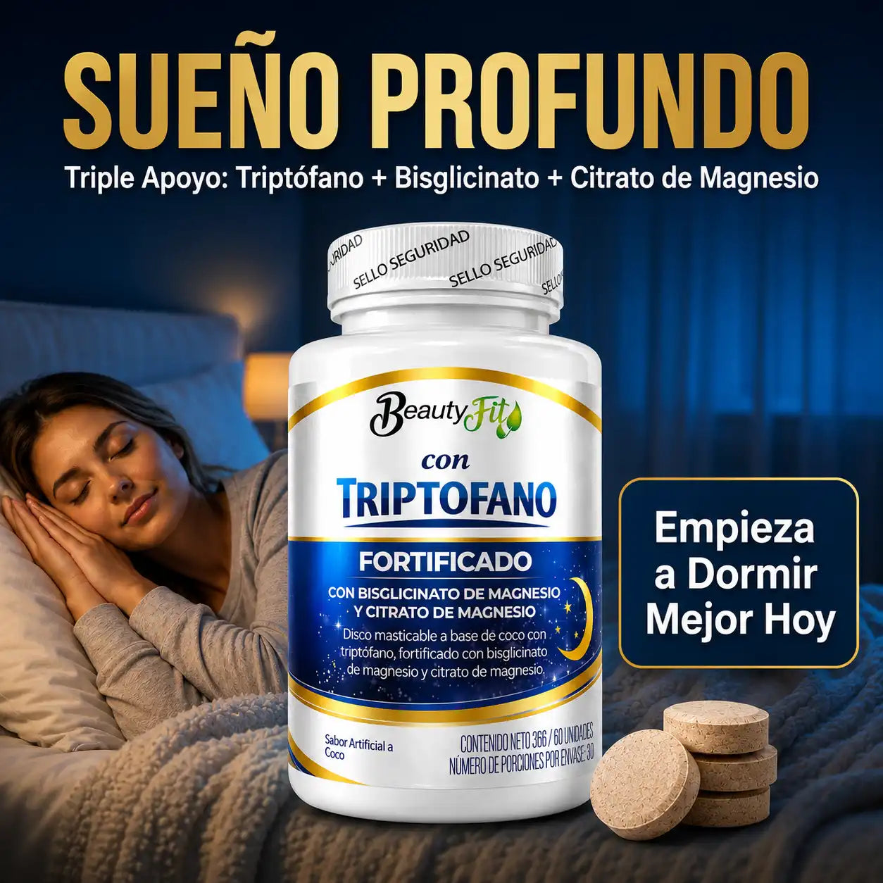 🥥TRIPTOFANO + MAGNESIO BEAUTYFIT X100UND PASTILLAS MASTICABLES🌙