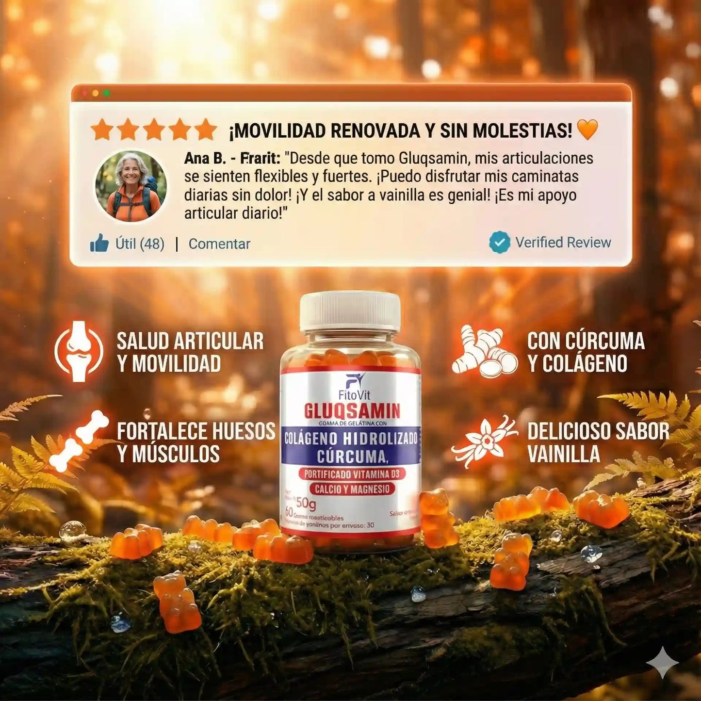 🏃‍♂️GLUQSAMIN + Colágeno Hidrolizado + Cúrcuma Fitovit x60 gomitas🦴