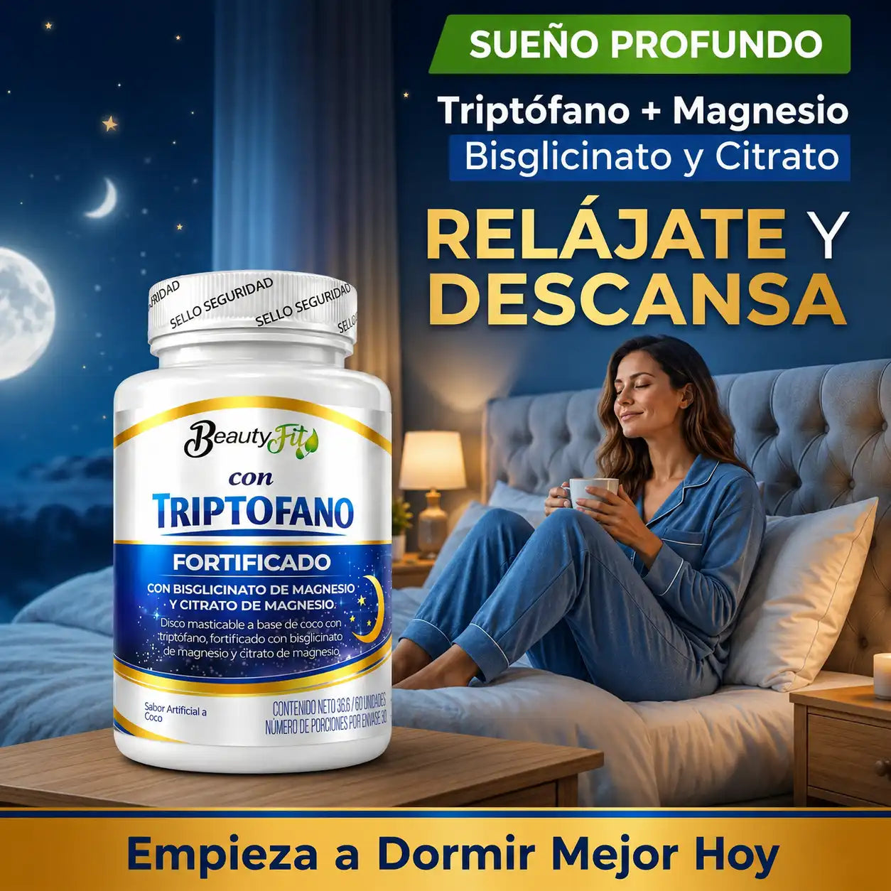 🥥TRIPTOFANO + MAGNESIO BEAUTYFIT X100UND PASTILLAS MASTICABLES🌙
