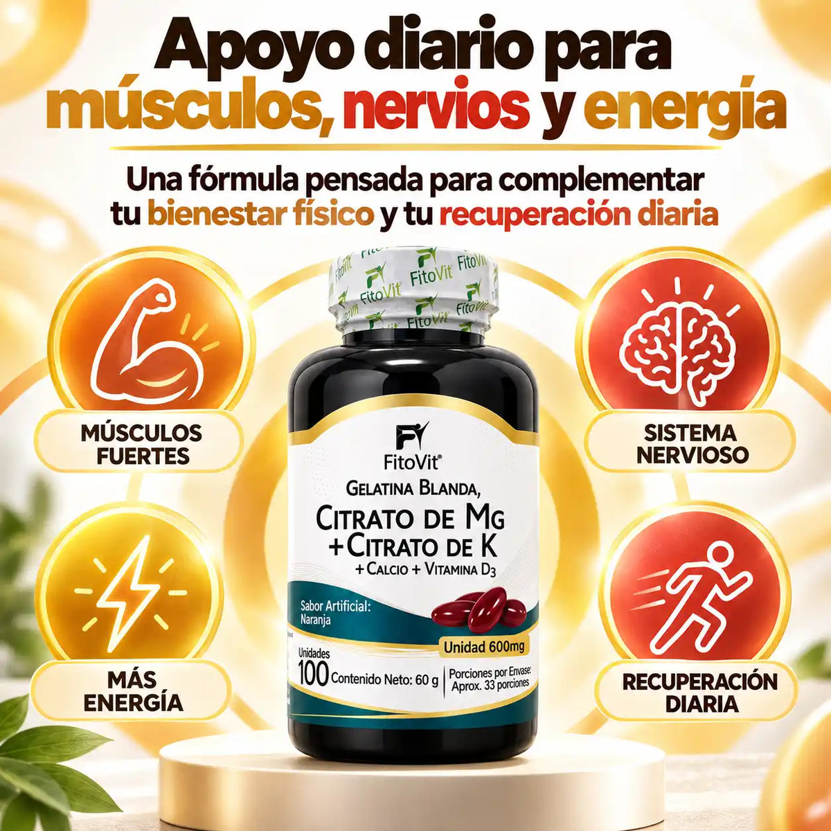 💪 Citrato de Mg + Citrato de K - 100 gelatinas blandas 🦴