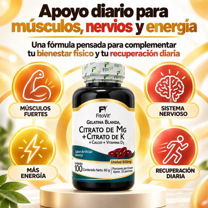 💪 Citrato de Mg + Citrato de K - 100 gelatinas blandas 🦴