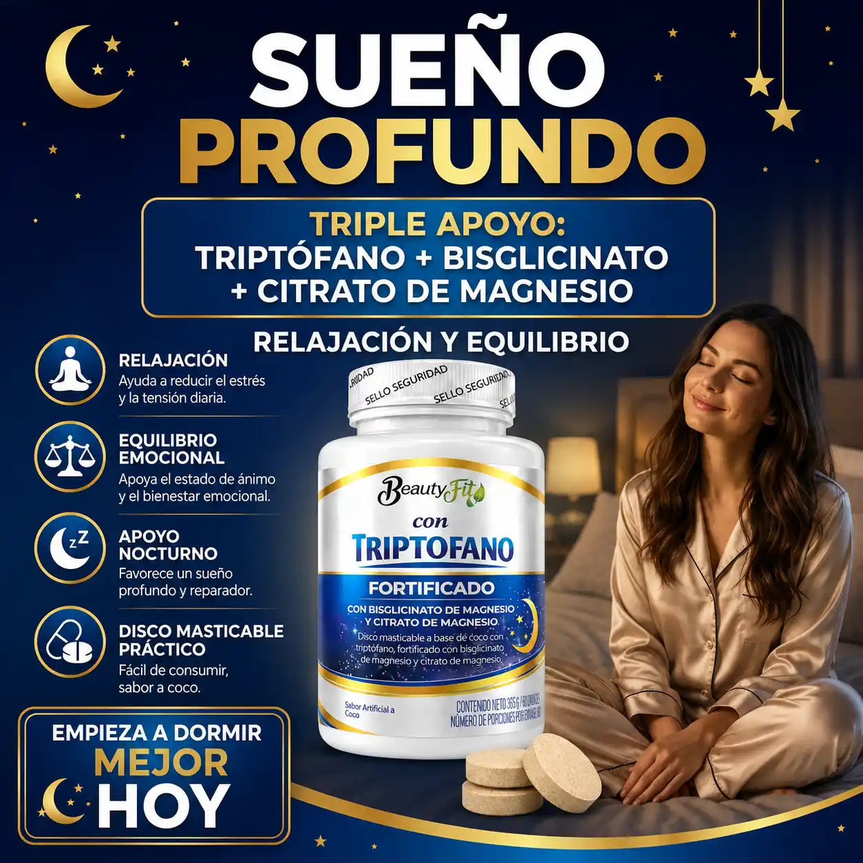 🥥TRIPTOFANO + MAGNESIO BEAUTYFIT X100UND PASTILLAS MASTICABLES🌙