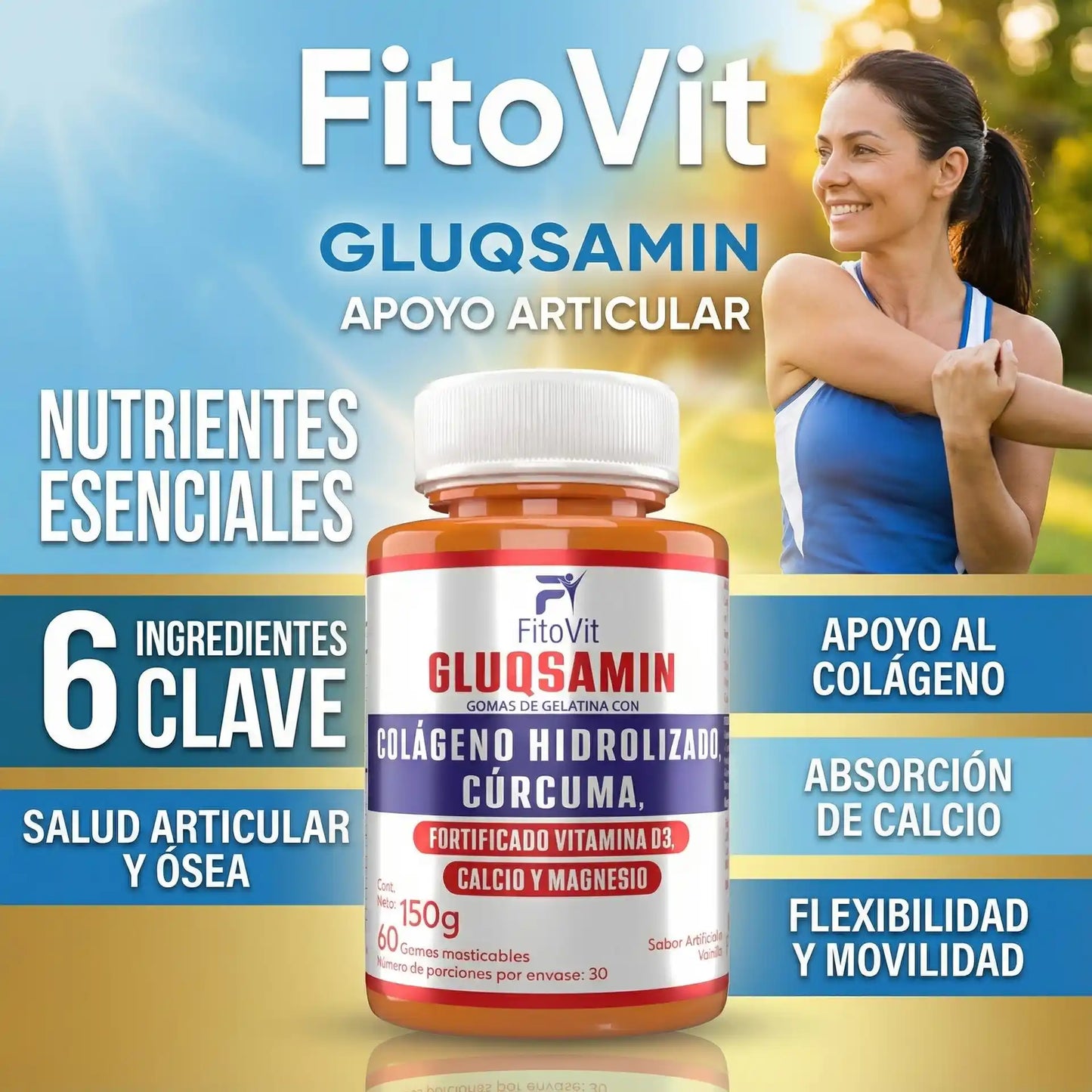 🏃‍♂️GLUQSAMIN + Colágeno Hidrolizado + Cúrcuma Fitovit x60 gomitas🦴