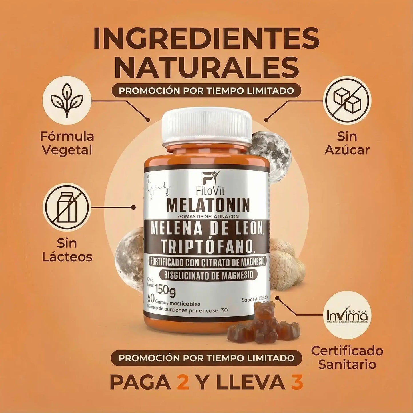 🧠MELATONINA + MELENA DE LEON + TRIPTOFANO GOMITAS FITOVIT X60😴