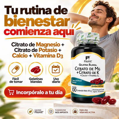 💪 Citrato de Mg + Citrato de K - 100 gelatinas blandas 🦴