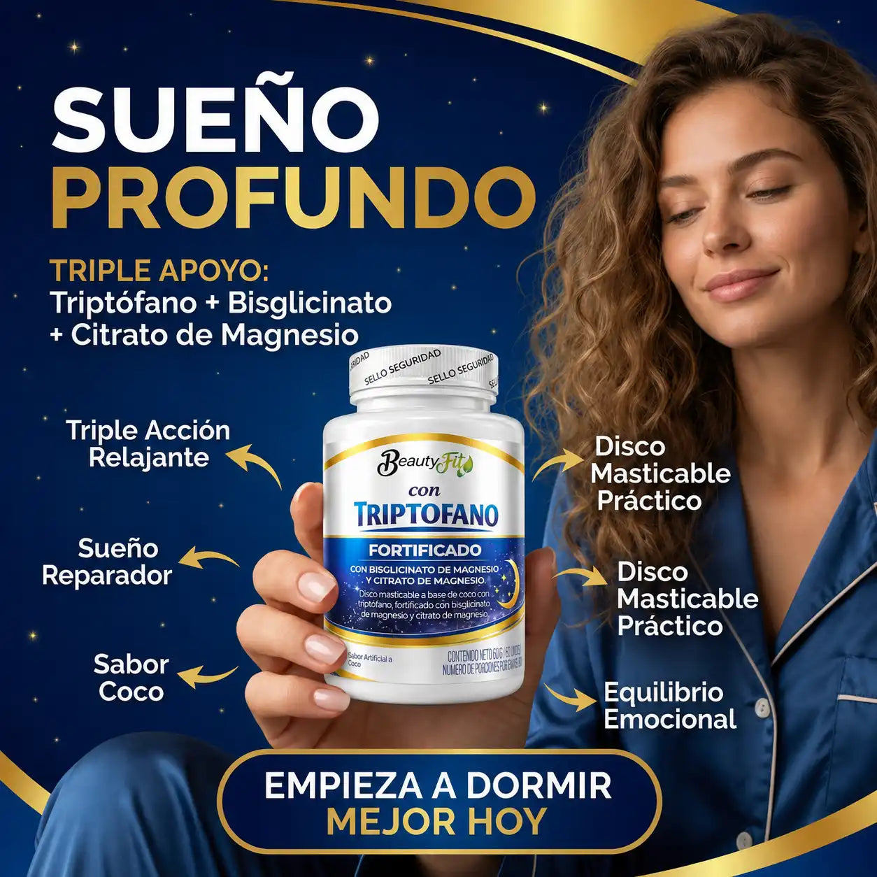🥥TRIPTOFANO + MAGNESIO BEAUTYFIT X100UND PASTILLAS MASTICABLES🌙