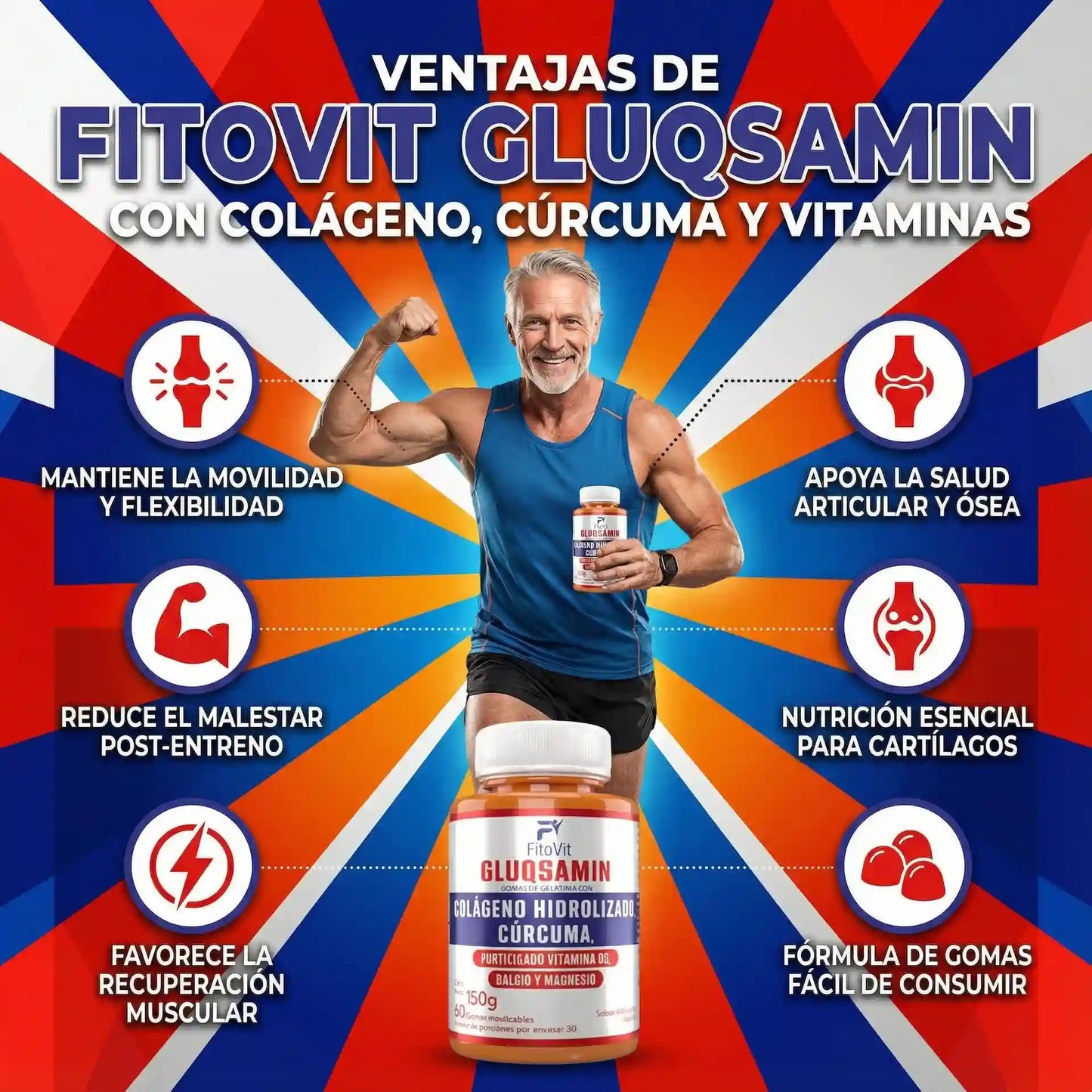 🏃‍♂️GLUQSAMIN + Colágeno Hidrolizado + Cúrcuma Fitovit x60 gomitas🦴