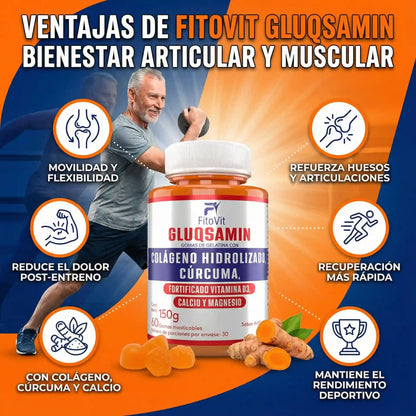 🏃‍♂️GLUQSAMIN + Colágeno Hidrolizado + Cúrcuma Fitovit x60 gomitas🦴