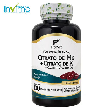 💪 Citrato de Mg + Citrato de K - 100 gelatinas blandas 🦴